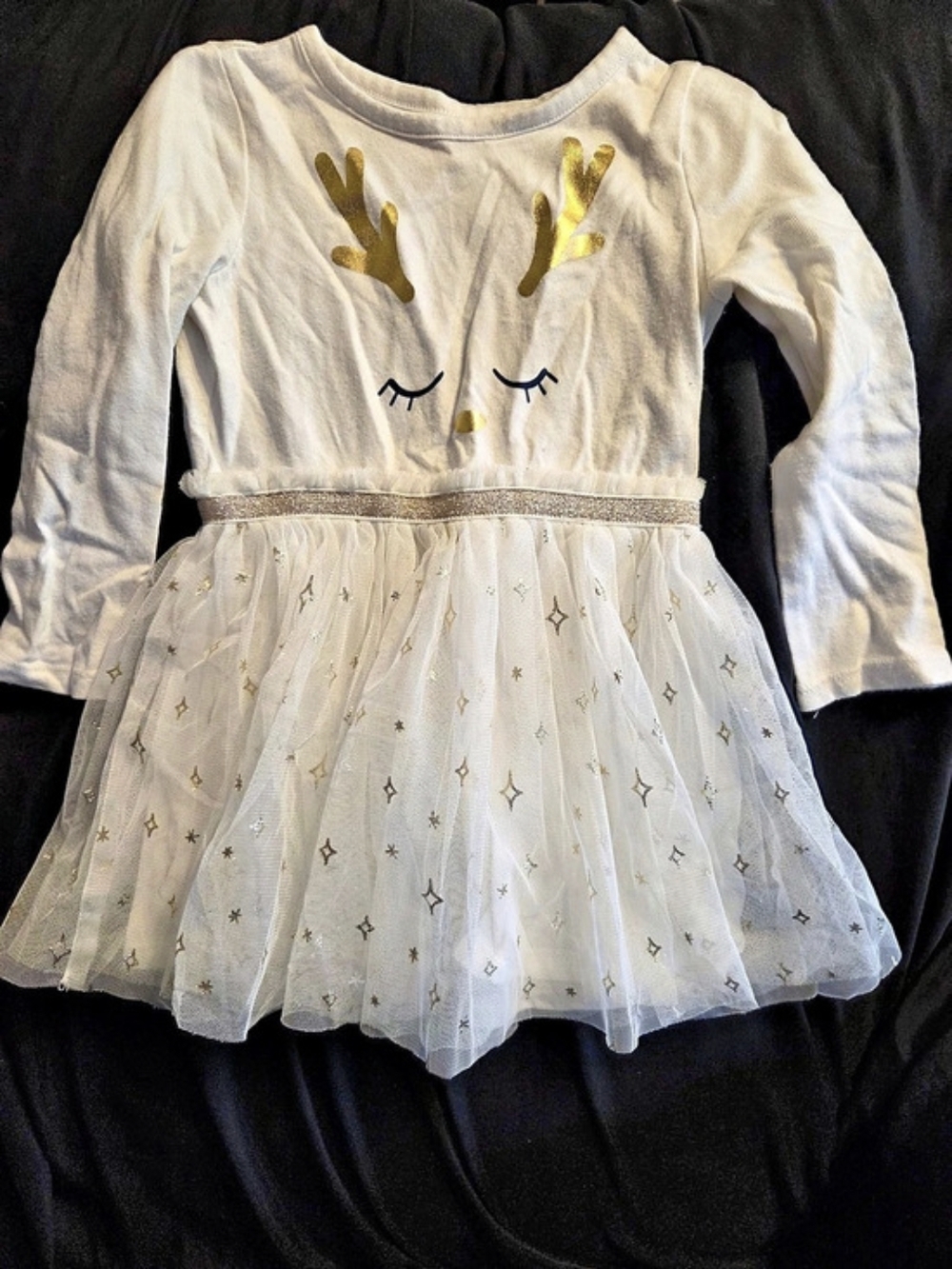 Cat & Jack Holiday Reindeer Tulle Dress Girls Size 2T White & Gold